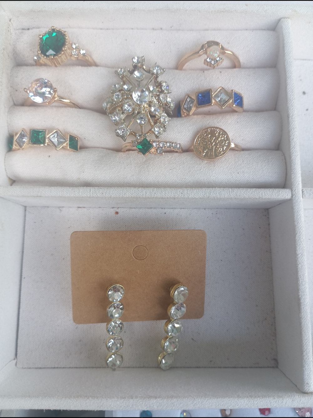 Gold-Tone Crystal Drop Earrings - Clear Crystal Rings Included